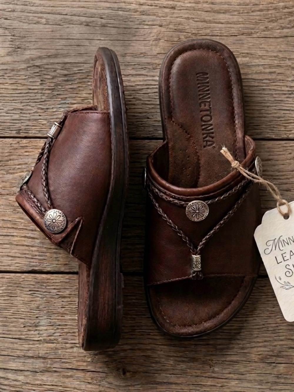 Brown Braided Leather Slide Sandals 
Minnetonka brand
